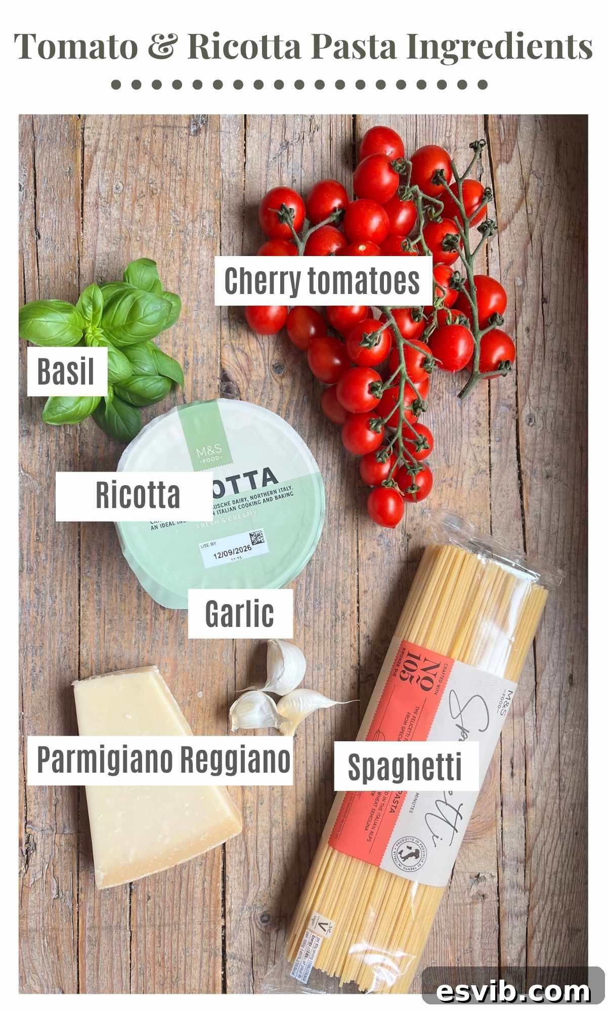 An overhead shot of all the ingredients needed to make roasted cherry tomato and ricotta spaghetti.