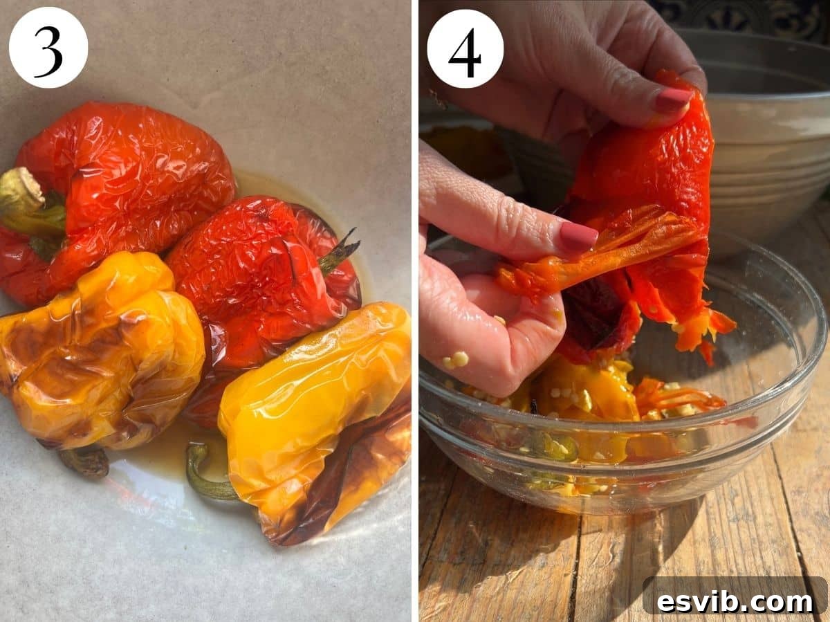 Two photos in a collage showing roasted peppers and how to peel the skins off.