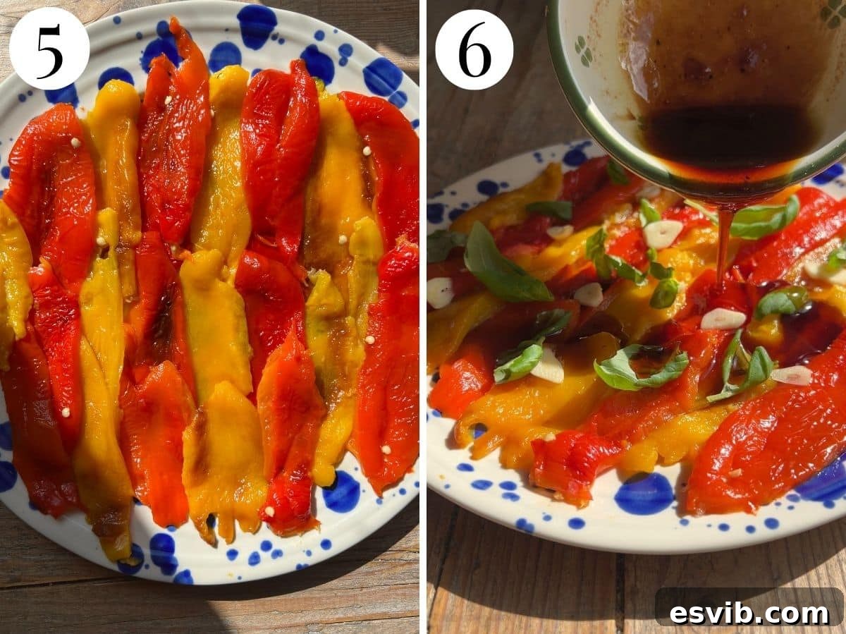 Two photos in a collage showing how to marinate roasted peppers.