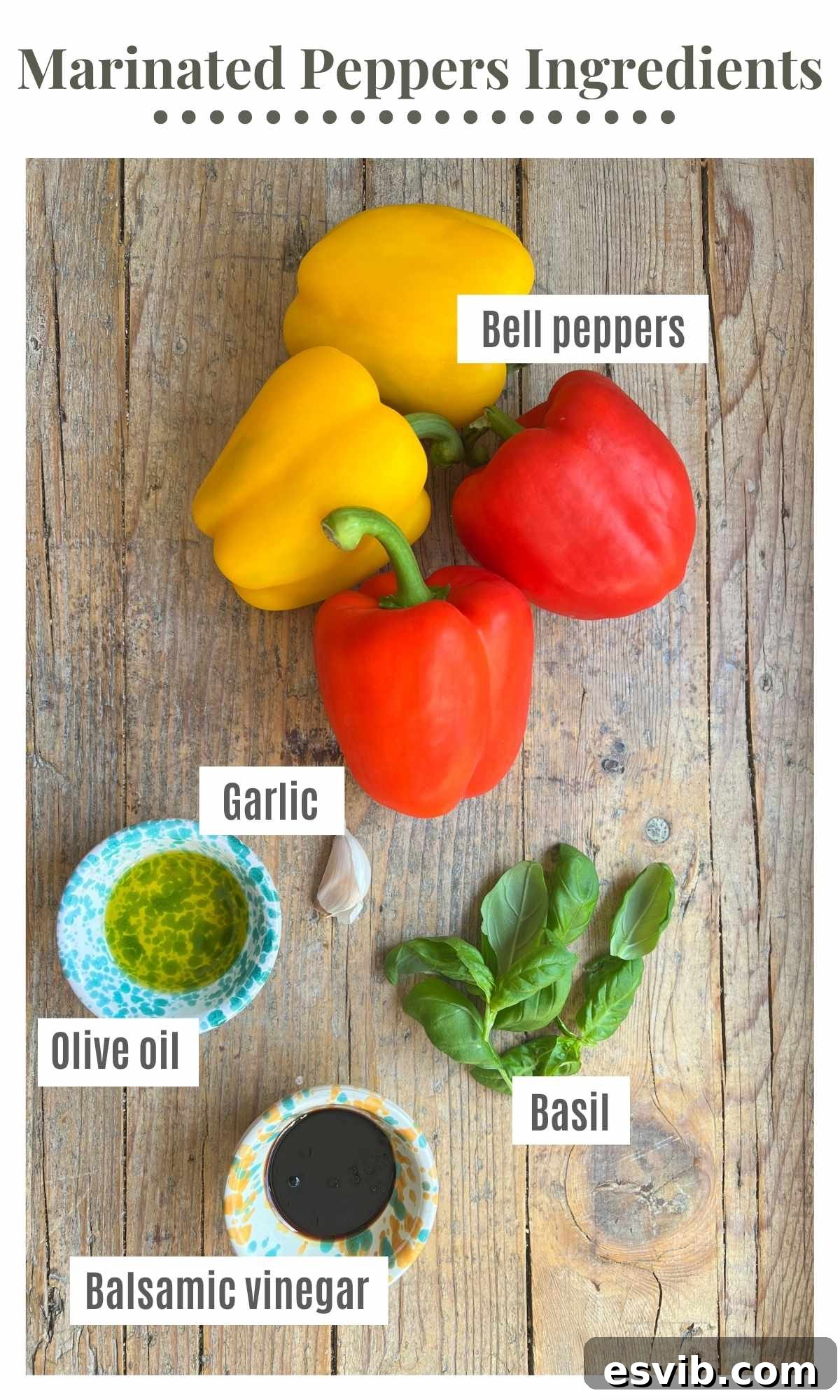 An overhead shot of all the ingredients needed to make marinated roasted bell peppers.