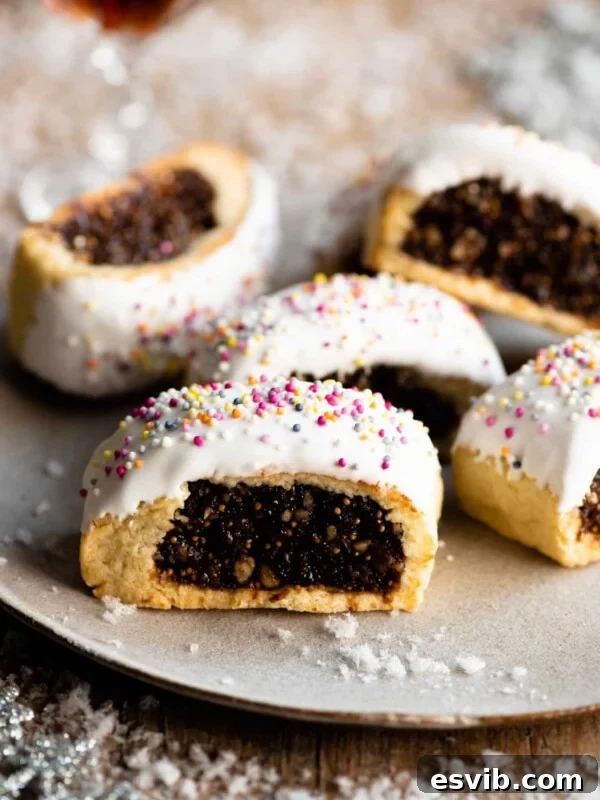 Italian Abbracci Chocolate and Cream Cookies 7 Five Cuccidati cookies on a plate with fake white snow scattered around.