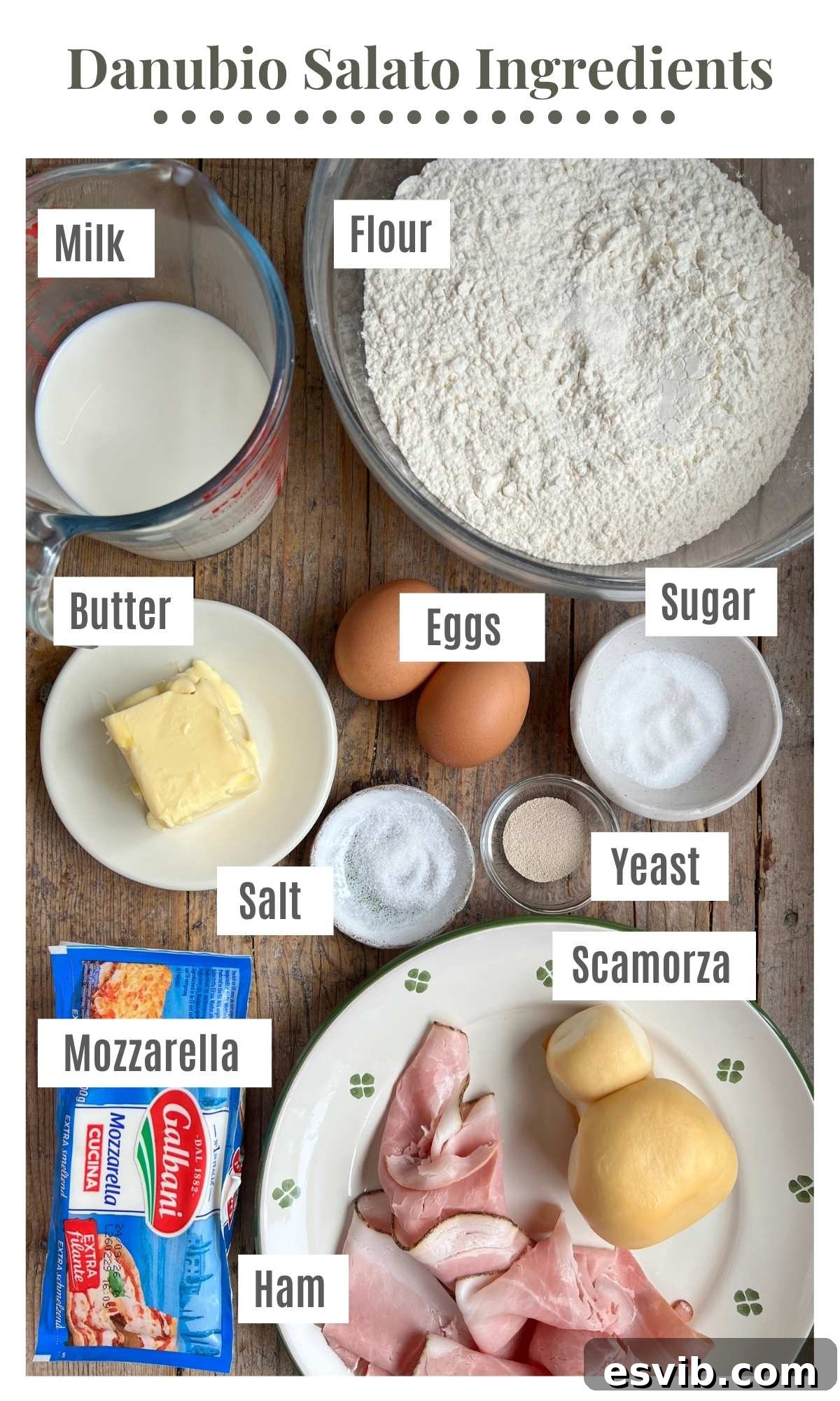 Neapolitan Danubio: Savory Stuffed Brioche Buns 3 An overhead shot of all the ingredients needed to make danubio salato on a rustic wooden surface.